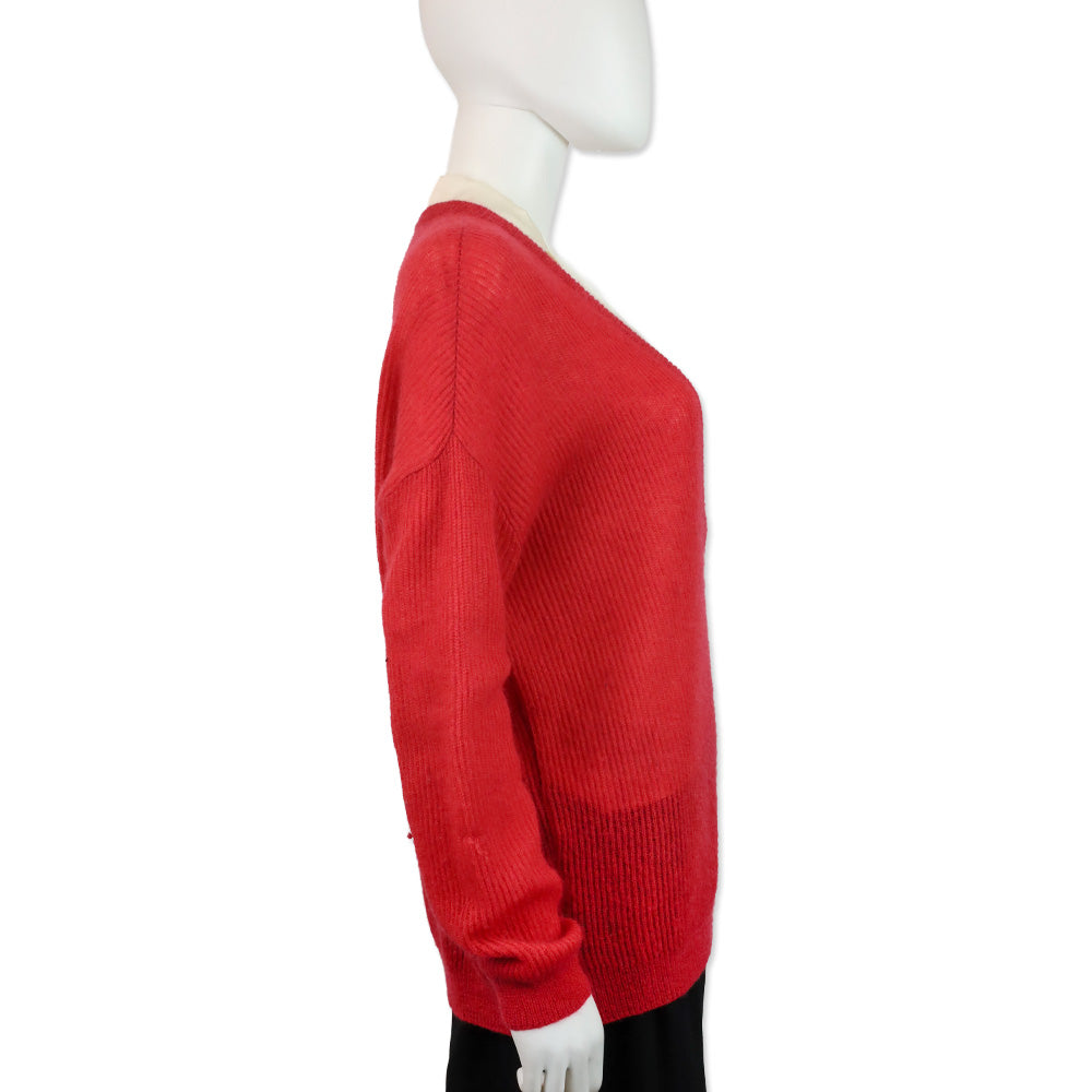 Brunello Cucinelli Red V-Neck Ribbed Knit Mohair Wool Pullover Sweater
