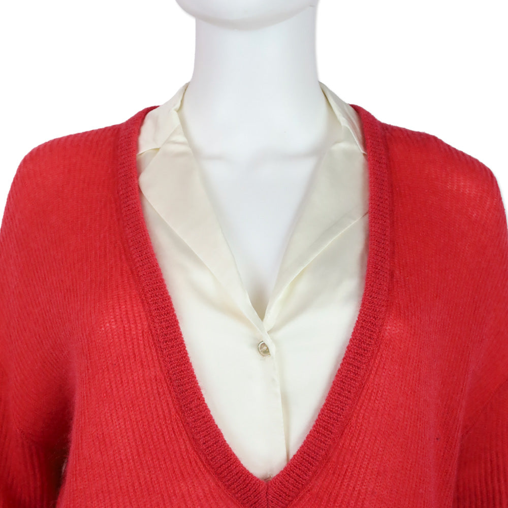 Brunello Cucinelli Red V-Neck Ribbed Knit Mohair Wool Pullover Sweater