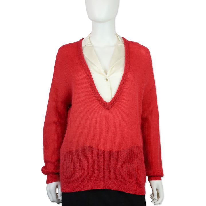 Brunello Cucinelli Red V-Neck Ribbed Knit Mohair Wool Pullover Sweater