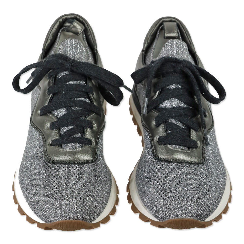 Brunello Cucinelli Silver Lamé Knit Sneakers