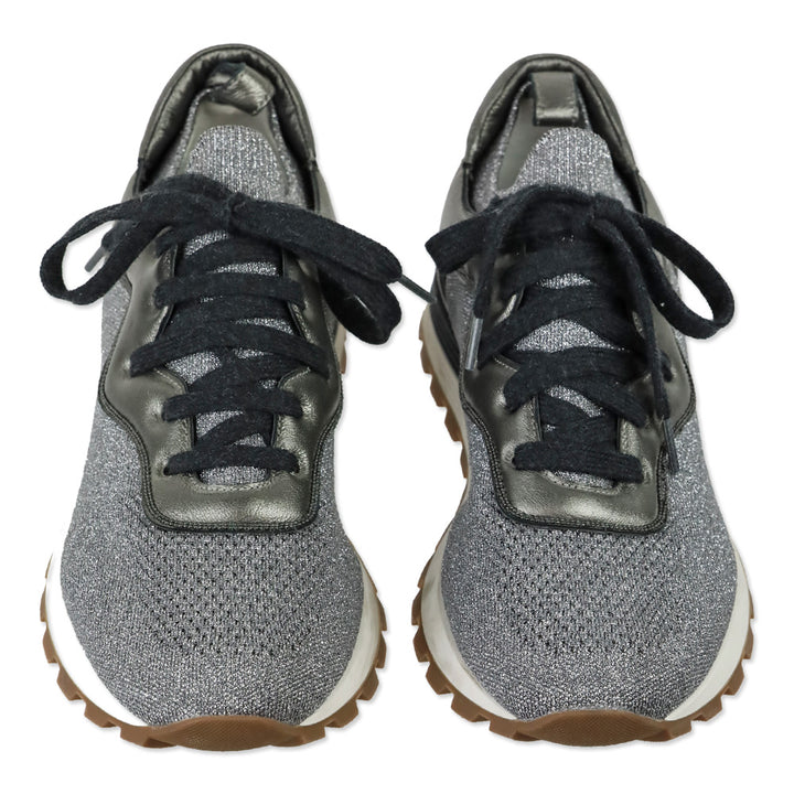 Brunello Cucinelli Silver Lamé Knit Sneakers
