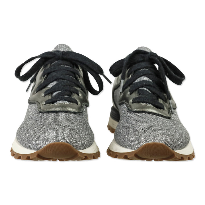 Brunello Cucinelli Silver Lamé Knit Sneakers