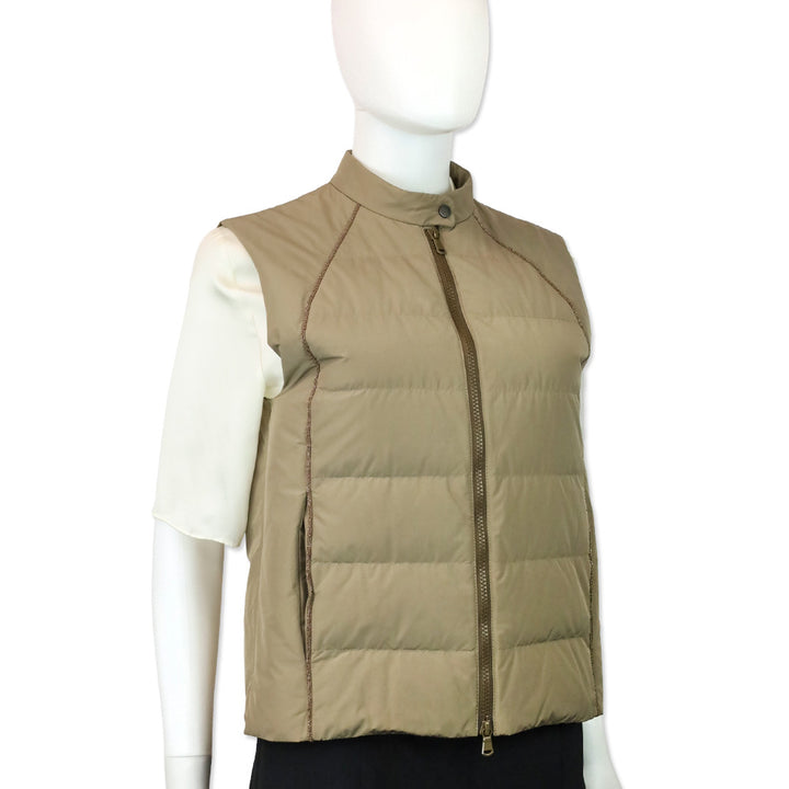 Brunello Cucinelli Tan Puffer Monili Trim Zip Vest