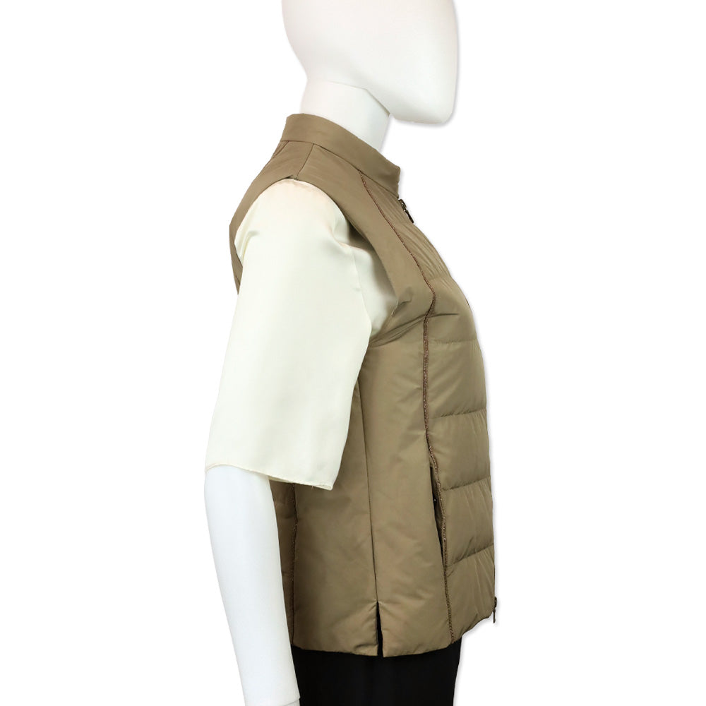 Brunello Cucinelli Tan Puffer Monili Trim Zip Vest