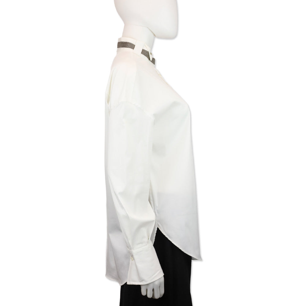 Brunello Cucinelli White Monili-Collar Poplin Shirt