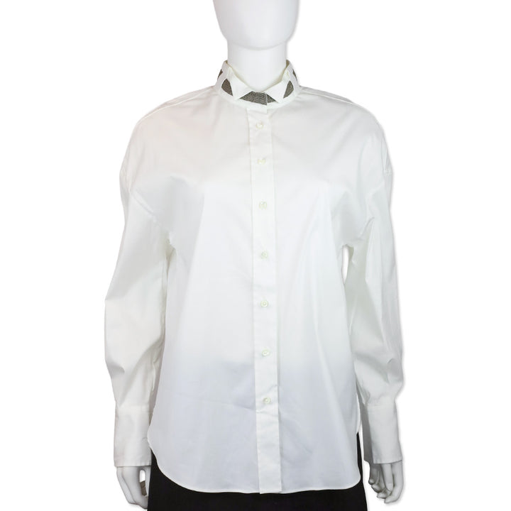 Brunello Cucinelli White Monili-Collar Poplin Shirt
