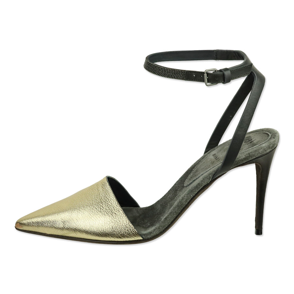 Brunello Cucinelli S/S 2017 Metallic Gold Ankle Wrap Mule