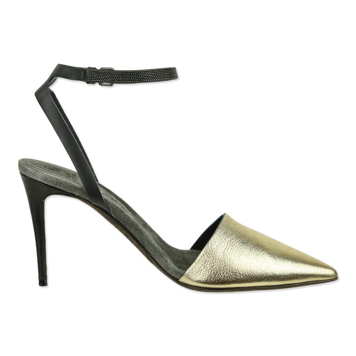 Brunello Cucinelli S/S 2017 Metallic Gold Ankle Wrap Mule