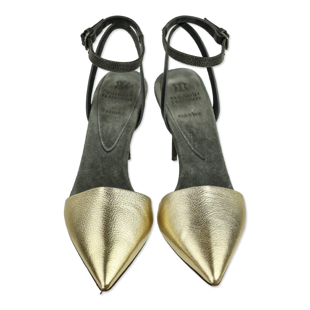 Brunello Cucinelli S/S 2017 Metallic Gold Ankle Wrap Mule