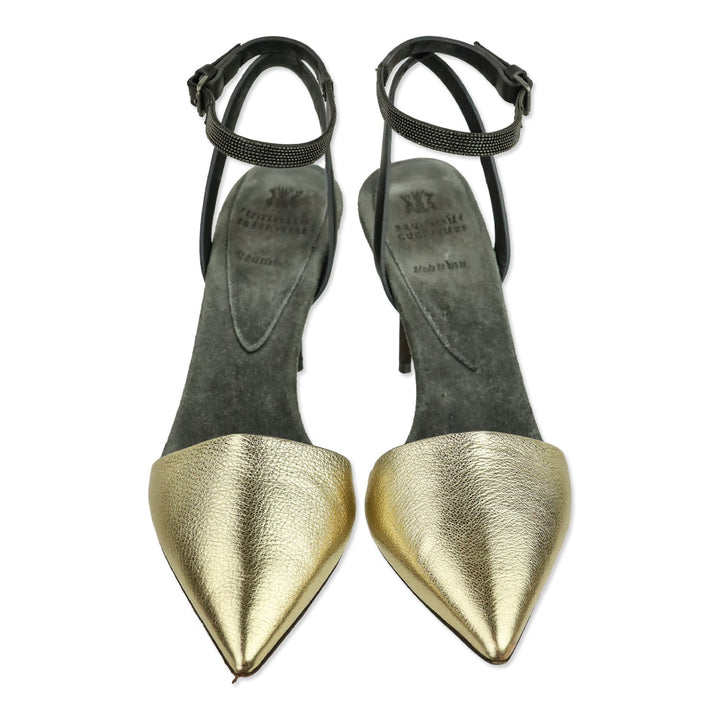 Brunello Cucinelli S/S 2017 Metallic Gold Ankle Wrap Mule