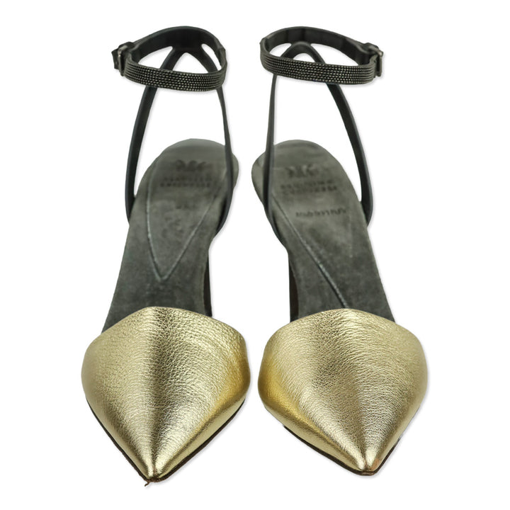 Brunello Cucinelli S/S 2017 Metallic Gold Ankle Wrap Mule