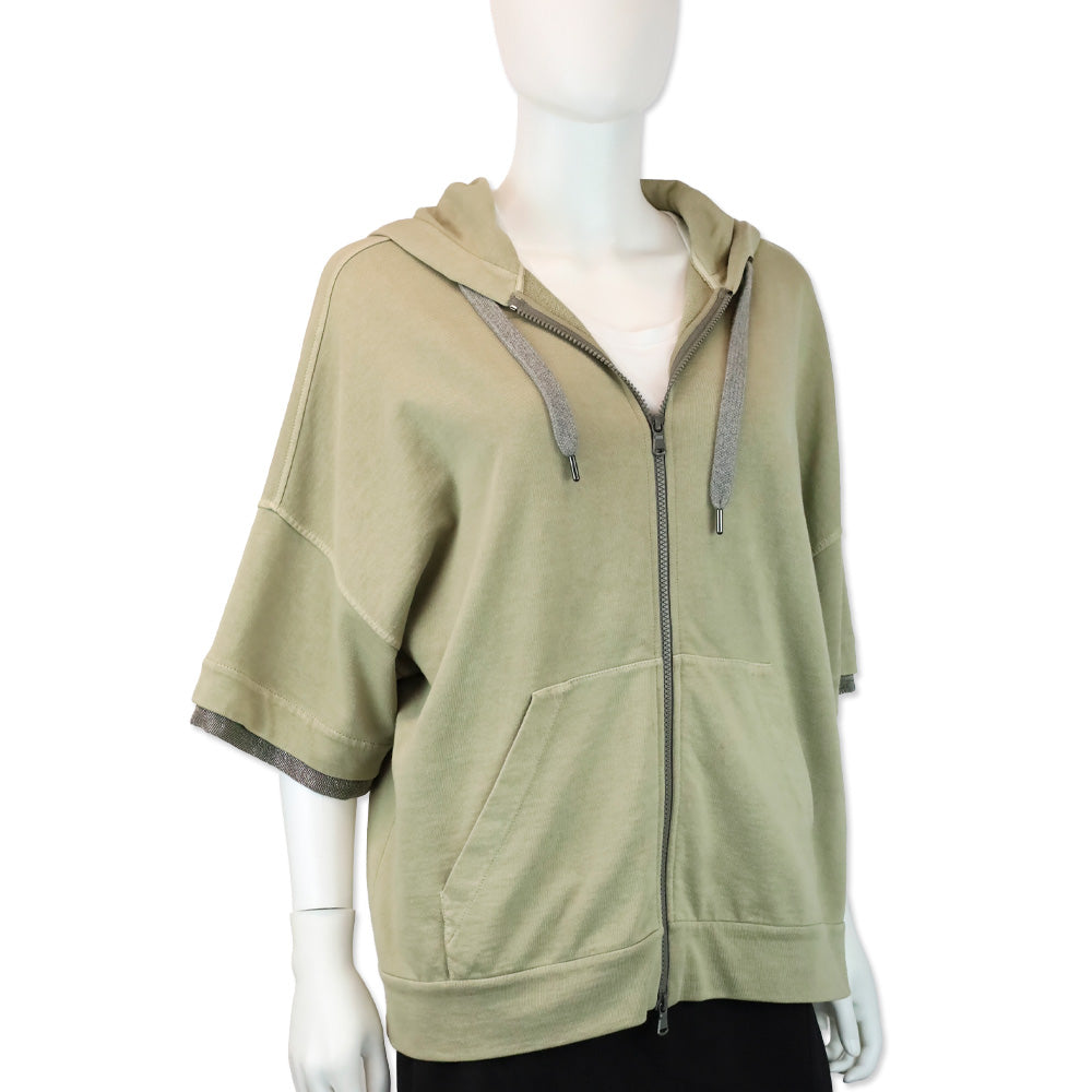 Brunello Cucinelli Taupe Short Sleeve Zip Up Hooded Sweater