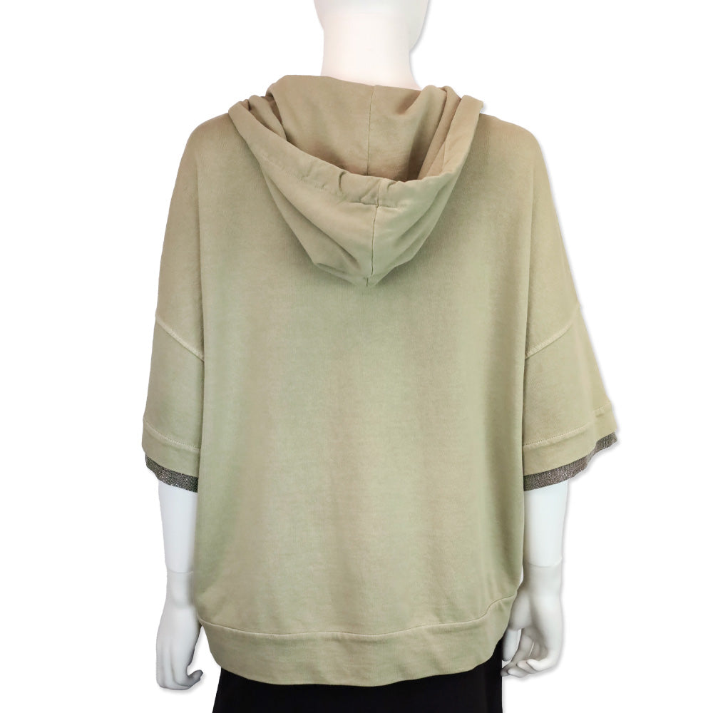Brunello Cucinelli Taupe Short Sleeve Zip Up Hooded Sweater