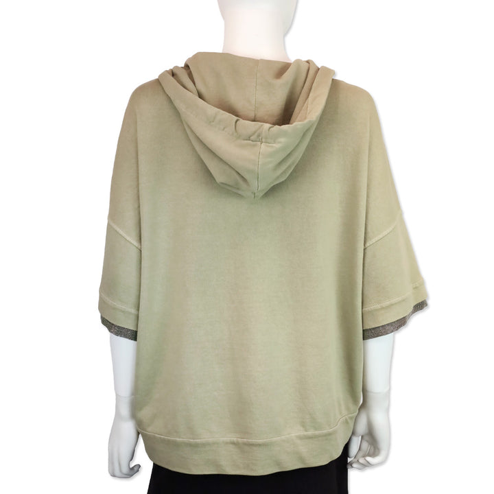 Brunello Cucinelli Taupe Short Sleeve Zip Up Hooded Sweater