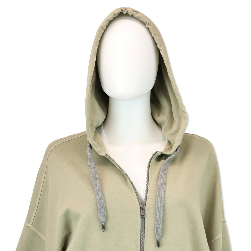Brunello Cucinelli Taupe Short Sleeve Zip Up Hooded Sweater