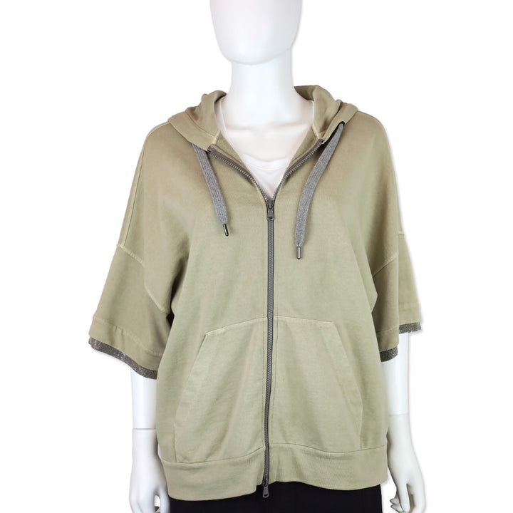 Brunello Cucinelli Taupe Short Sleeve Zip Up Hooded Sweater