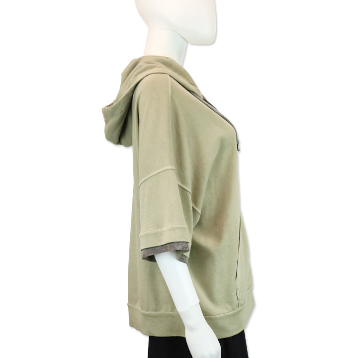 Brunello Cucinelli Taupe Short Sleeve Zip Up Hooded Sweater