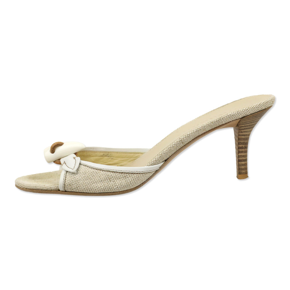 Burberry Beige Canvas/White Leather Trim Toggle Horn Sandals