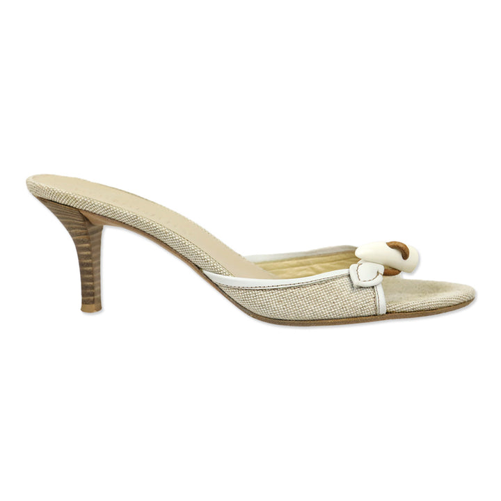 Burberry Beige Canvas/White Leather Trim Toggle Horn Sandals