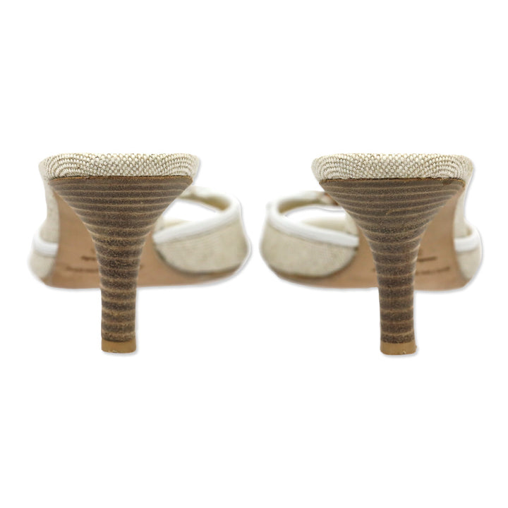 Burberry Beige Canvas/White Leather Trim Toggle Horn Sandals