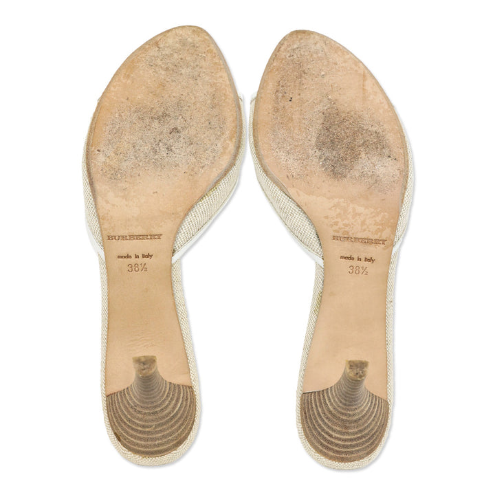 Burberry Beige Canvas/White Leather Trim Toggle Horn Sandals