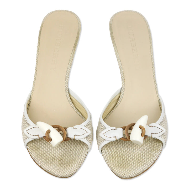 Burberry Beige Canvas/White Leather Trim Toggle Horn Sandals