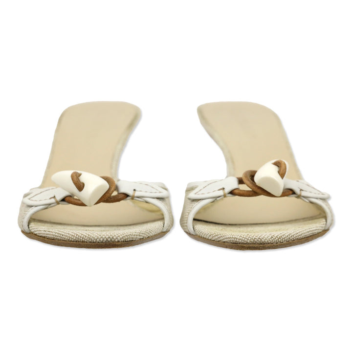 Burberry Beige Canvas/White Leather Trim Toggle Horn Sandals
