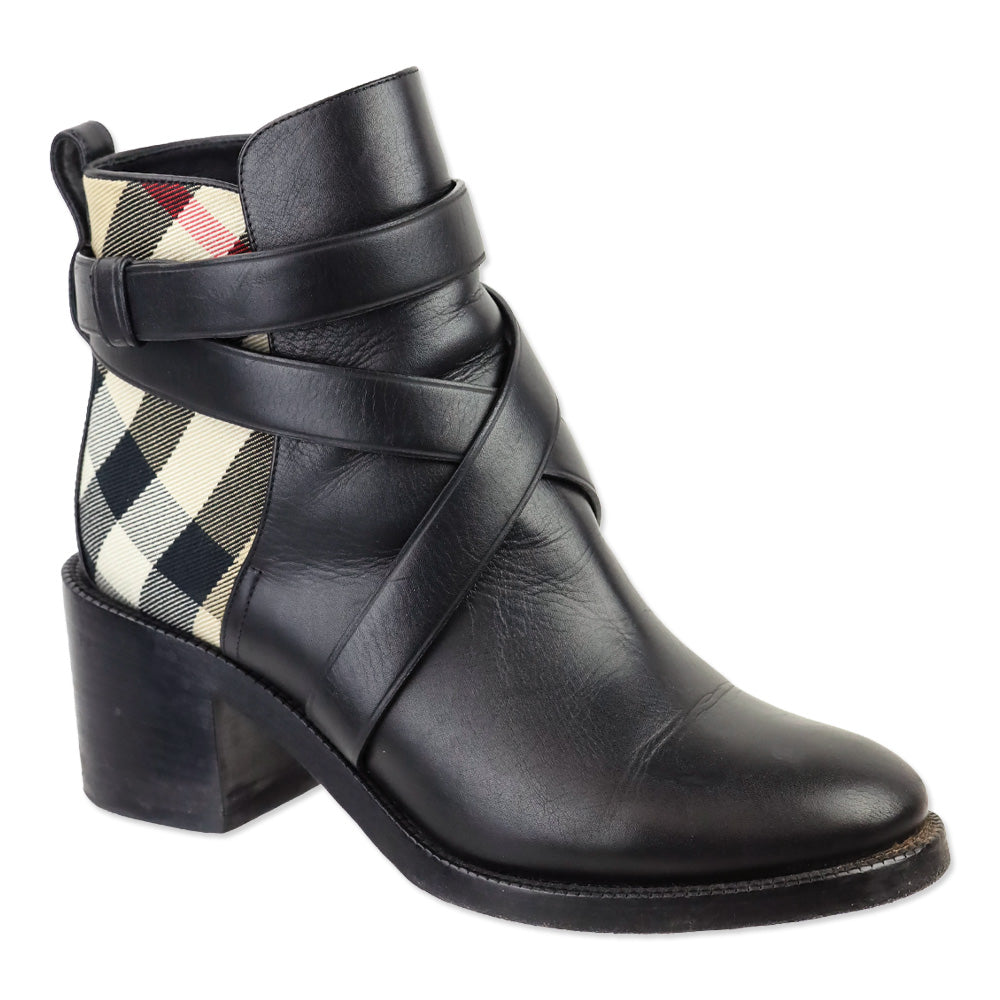 Burberry Black Leather Archive House Check Ankle Boot