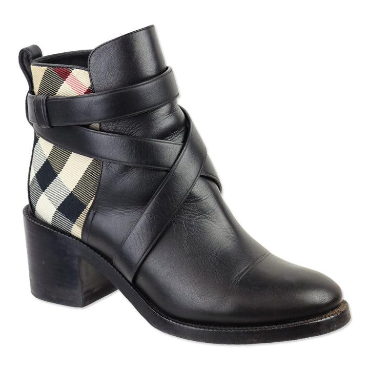 Burberry Black Leather Archive House Check Ankle Boot