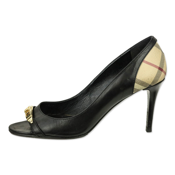 Burberry Black Leather House Check Canvas Embellished Open Toe Pumps