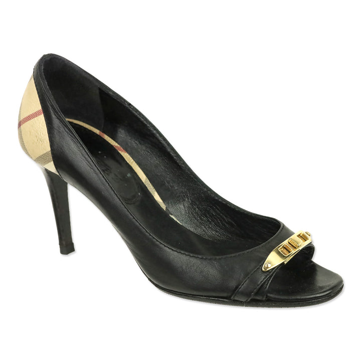 Burberry Black Leather House Check Canvas Embellished Open Toe Pumps
