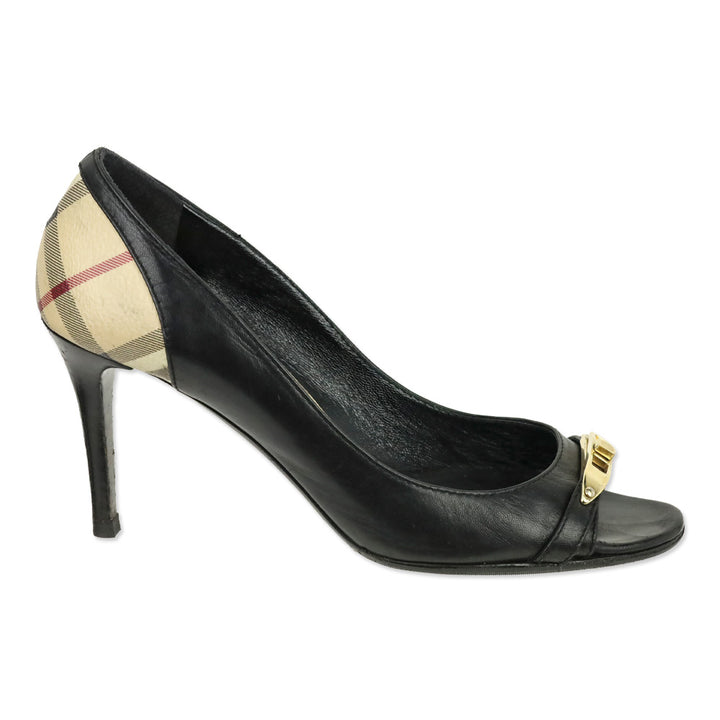 Burberry Black Leather House Check Canvas Embellished Open Toe Pumps