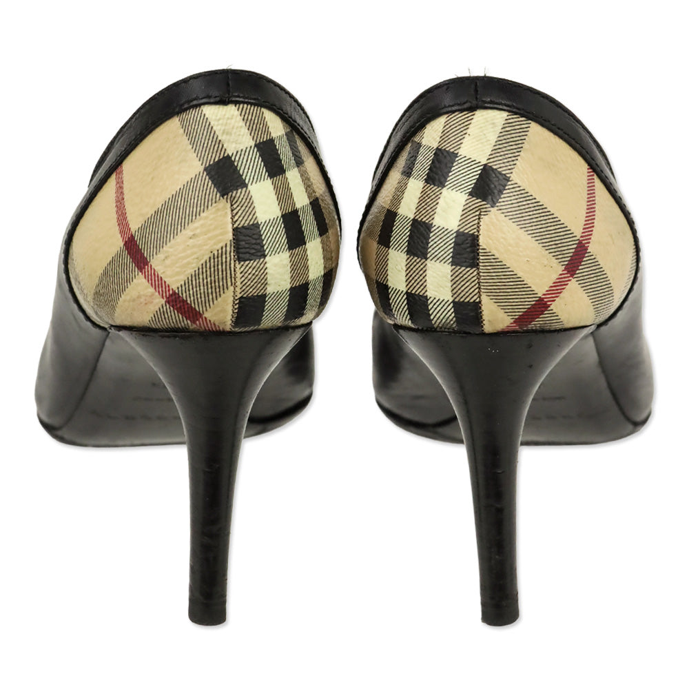 Burberry Black Leather House Check Canvas Embellished Open Toe Pumps