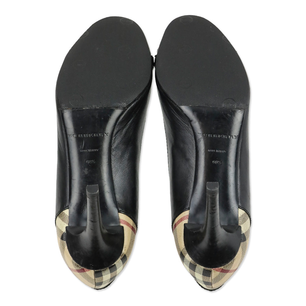 Burberry Black Leather House Check Canvas Embellished Open Toe Pumps