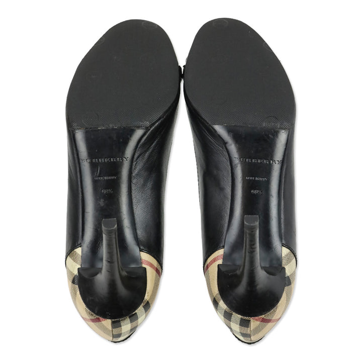Burberry Black Leather House Check Canvas Embellished Open Toe Pumps