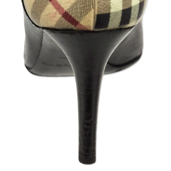 Burberry Black Leather House Check Canvas Embellished Open Toe Pumps