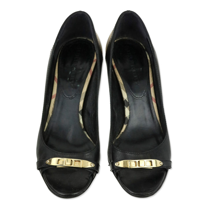 Burberry Black Leather House Check Canvas Embellished Open Toe Pumps