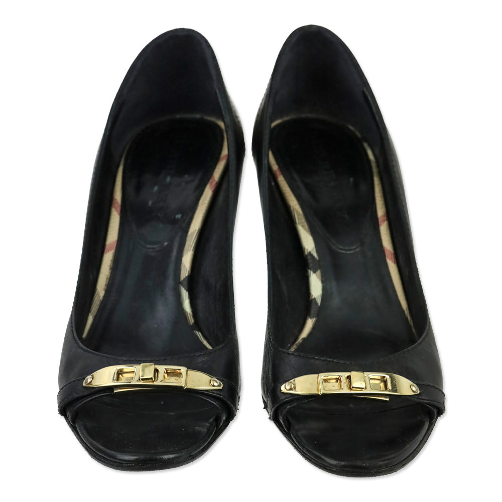 Burberry Black Leather House Check Canvas Embellished Open Toe Pumps