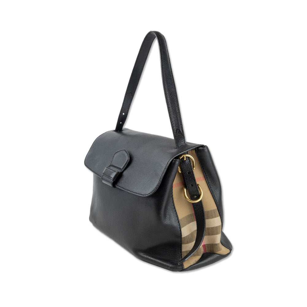 Burberry Black Leather Top Handle with Nova Check Canvas Sides