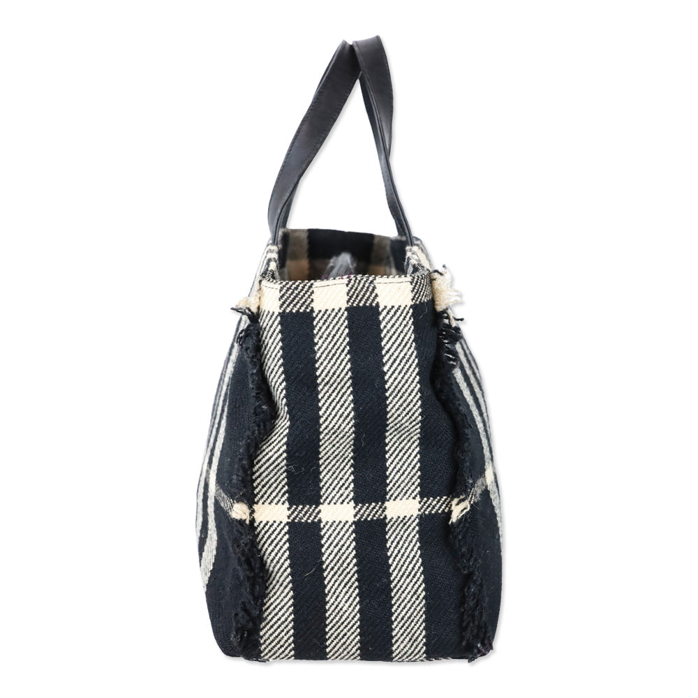 Burberry Black Nova Check Wool Fringe Top Handle Tote Bag