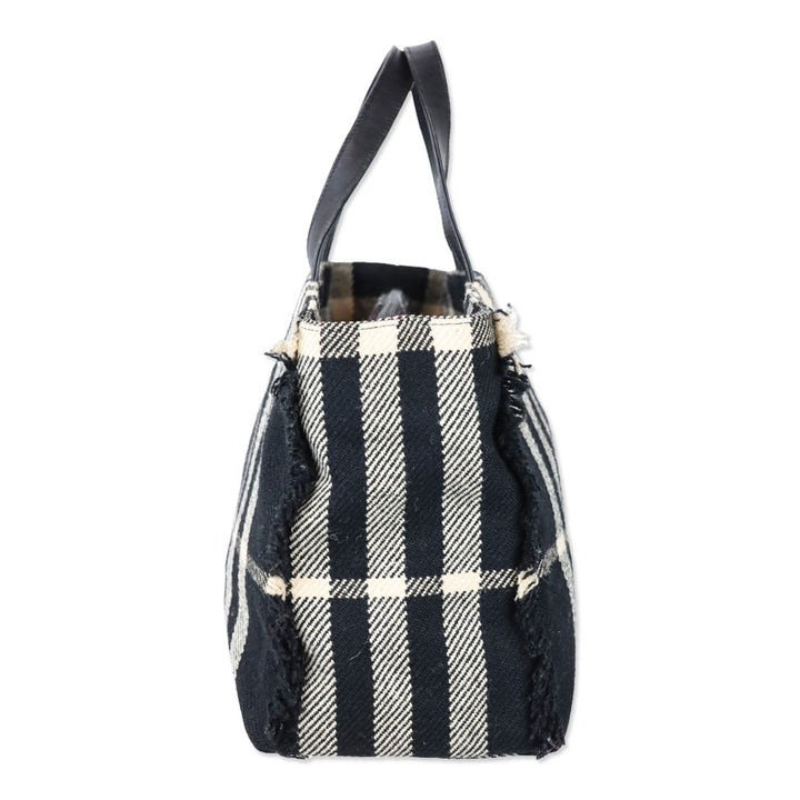 Burberry Black Nova Check Wool Fringe Top Handle Tote Bag