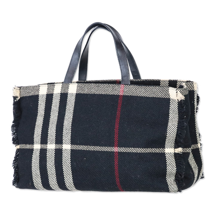 Burberry Black Nova Check Wool Fringe Top Handle Tote Bag