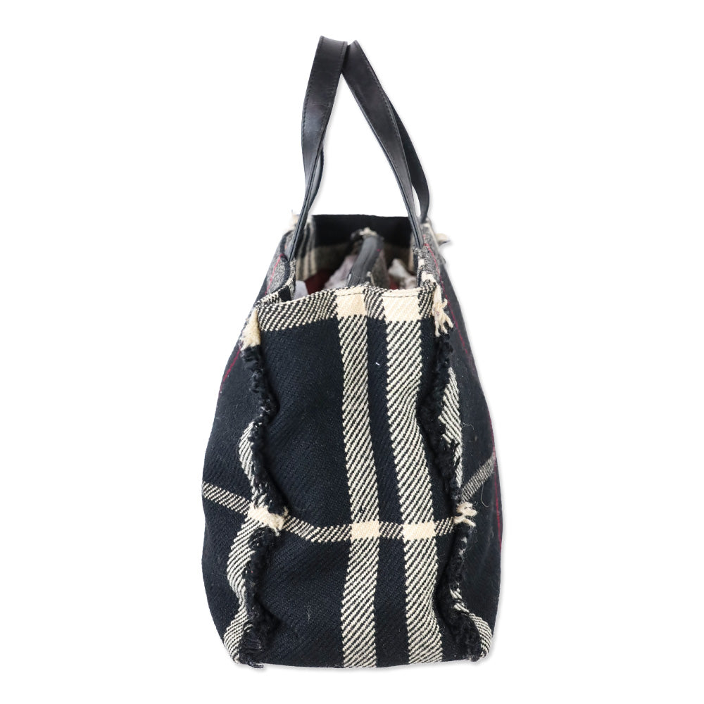 Burberry Black Nova Check Wool Fringe Top Handle Tote Bag