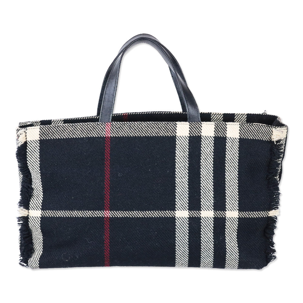 Burberry Black Nova Check Wool Fringe Top Handle Tote Bag