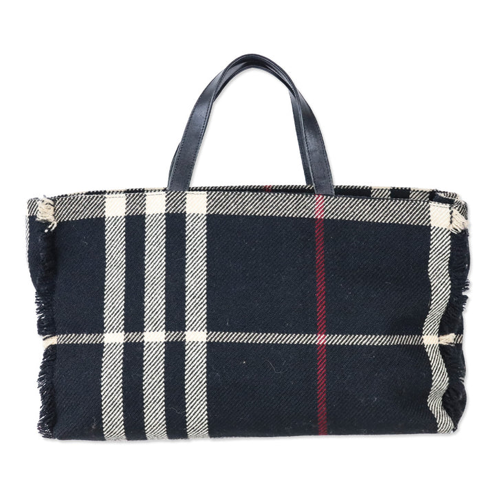 Burberry Black Nova Check Wool Fringe Top Handle Tote Bag