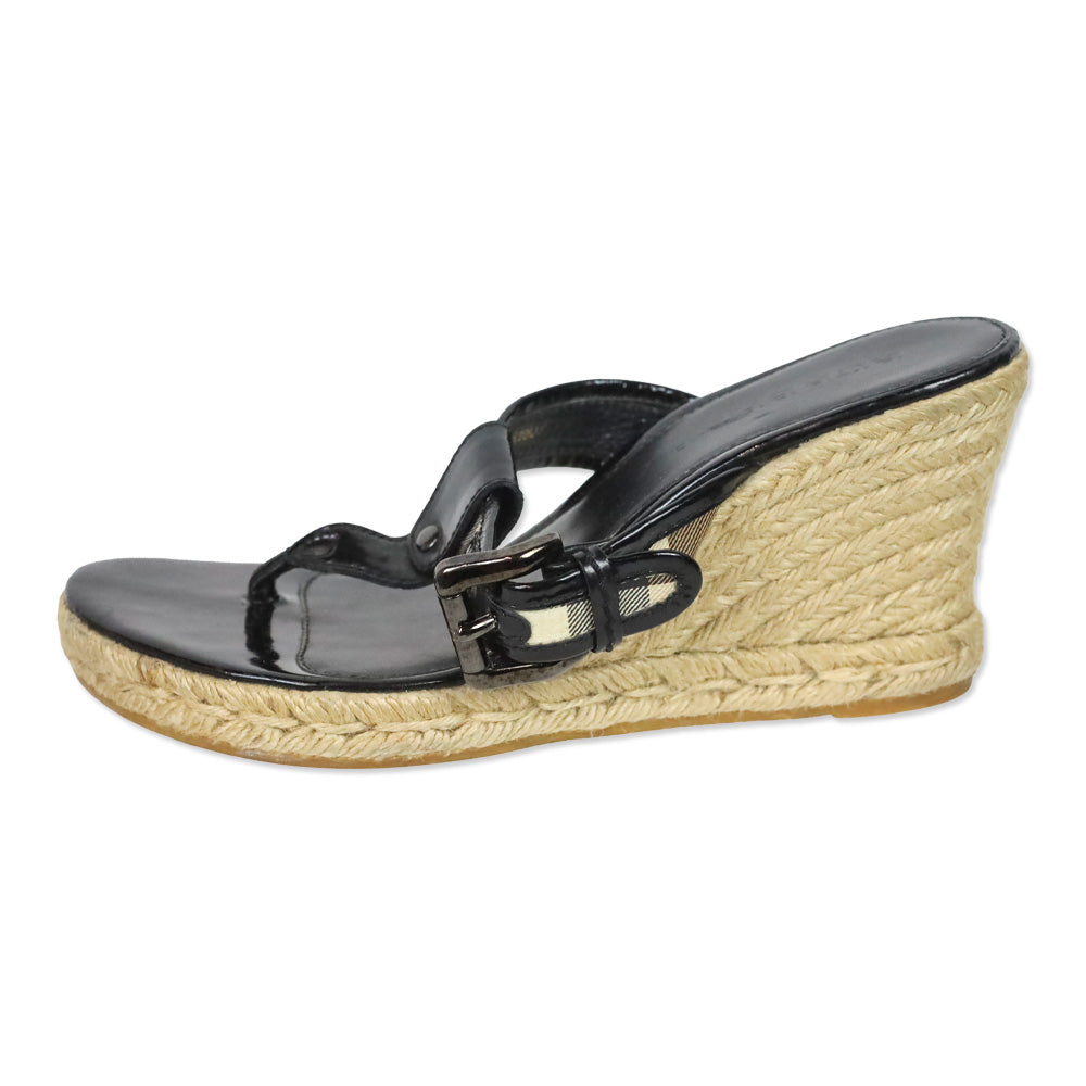 Burberry Black Patent/Nova Check Coated Canvas Espadrille Wedge Thong Sandals