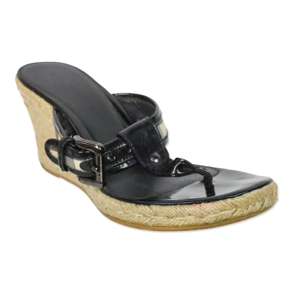 Burberry Black Patent/Nova Check Coated Canvas Espadrille Wedge Thong Sandals