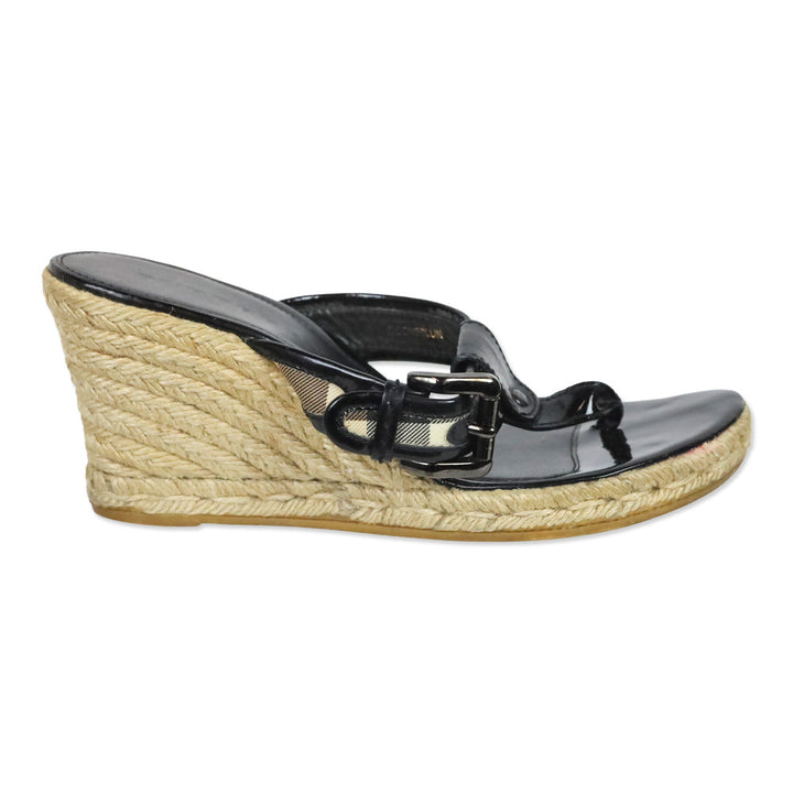 Burberry Black Patent/Nova Check Coated Canvas Espadrille Wedge Thong Sandals