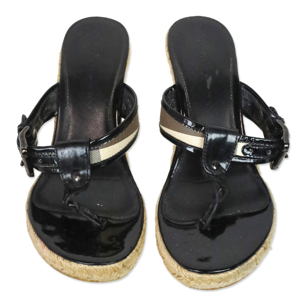 Burberry Black Patent/Nova Check Coated Canvas Espadrille Wedge Thong Sandals