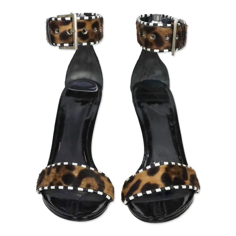 Brian Atwood Sabinas Black Patent/Stripe Leather/Leopard Calf Hair Jute Wedge Sandals